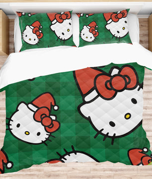 Hello Kitty Christmas Quilted Bedding Set Green Cozy Christmas Cuddles - Lusy Store LLC