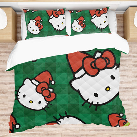 Hello Kitty Christmas Quilted Bedding Set Green Cozy Christmas Cuddles - Lusy Store LLC