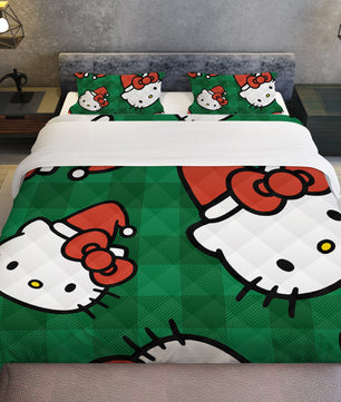 Hello Kitty Christmas Quilted Bedding Set Green Cozy Christmas Cuddles - Lusy Store LLC