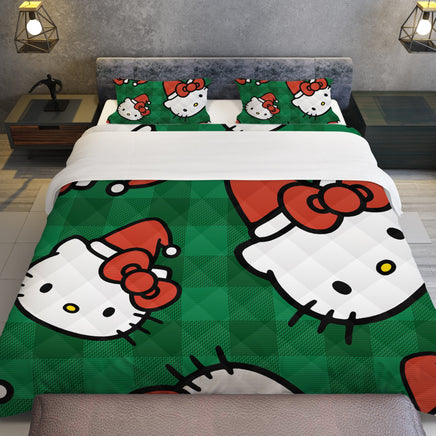 Hello Kitty Christmas Quilted Bedding Set Green Cozy Christmas Cuddles - Lusy Store LLC