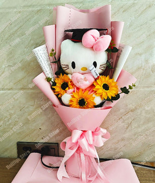Hello Kitty Graduation Plush Stuffed Bouquet With Graduation Hats Handmade Rose Soap Flower HK71 - Lusy Store LLC