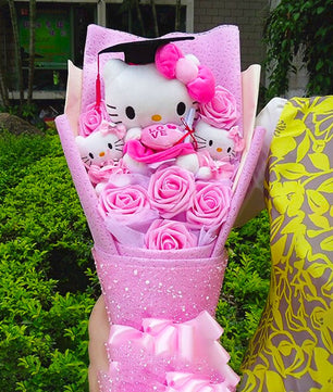 Hello Kitty Graduation Plush Stuffed Bouquet With Graduation Hats Handmade Rose Soap Flower HK71 - Lusy Store LLC