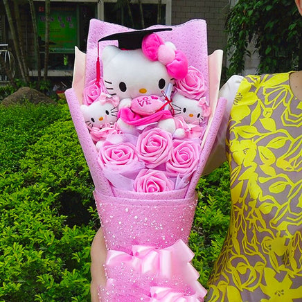 Hello Kitty Graduation Plush Stuffed Bouquet With Graduation Hats Handmade Rose Soap Flower HK71 - Lusy Store LLC