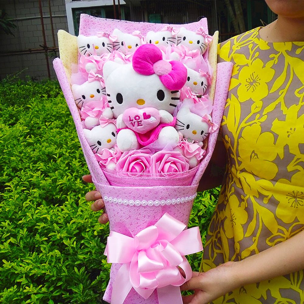 Hello Kitty Graduation Plush Stuffed Bouquet With Graduation Hats Handmade Rose Soap Flower HK71 - Lusy Store LLC