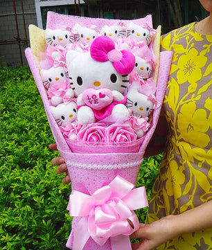 Hello Kitty Graduation Plush Stuffed Bouquet With Graduation Hats Handmade Rose Soap Flower HK71 - Lusy Store LLC