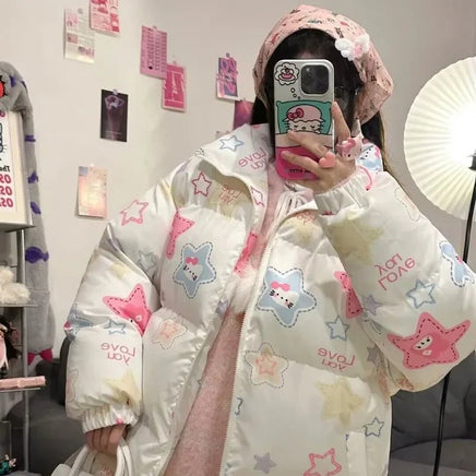 Hello Kitty Hoodie Kawaii Sanrio Cotton-Padded Outwear Loose Thicken Warm Parkas Jackets 5