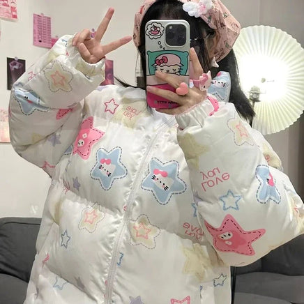 Hello Kitty Hoodie Kawaii Sanrio Cotton-Padded Outwear Loose Thicken Warm Parkas Jackets