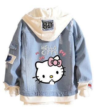 Hello Kitty Jacket Hooded Jeans Sweatshirt Unisex Ripped Hole Cosplay Denim Jacket - Lusy Store LLC