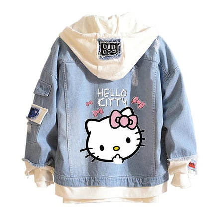 Hello Kitty Jacket Hooded Jeans Sweatshirt Unisex Ripped Hole Cosplay Denim Jacket - Lusy Store LLC