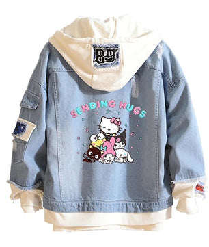 Hello Kitty Jacket Hooded Jeans Sweatshirt Unisex Ripped Hole Cosplay Denim Jacket - Lusy Store LLC