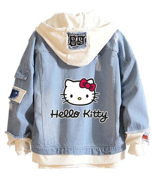 Hello Kitty Jacket Hooded Jeans Sweatshirt Unisex Ripped Hole Cosplay Denim Jacket - Lusy Store LLC