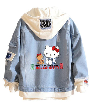 Hello Kitty Jacket Hooded Jeans Sweatshirt Unisex Ripped Hole Cosplay Denim Jacket - Lusy Store LLC