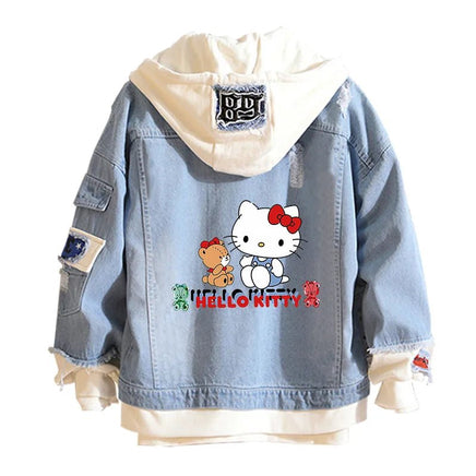 Hello Kitty Jacket Hooded Jeans Sweatshirt Unisex Ripped Hole Cosplay Denim Jacket - Lusy Store LLC
