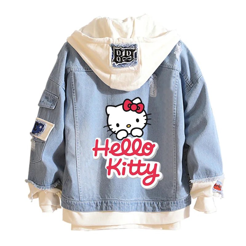 Hello Kitty Jacket Hooded Jeans Sweatshirt Unisex Ripped Hole Cosplay Denim Jacket - Lusy Store LLC
