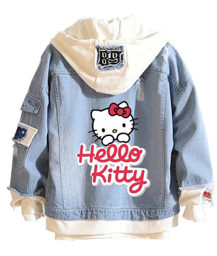 Hello Kitty Jacket Hooded Jeans Sweatshirt Unisex Ripped Hole Cosplay Denim Jacket - Lusy Store LLC