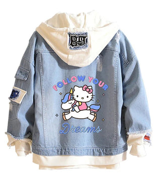 Hello Kitty Jacket Hooded Jeans Sweatshirt Unisex Ripped Hole Cosplay Denim Jacket - Lusy Store LLC