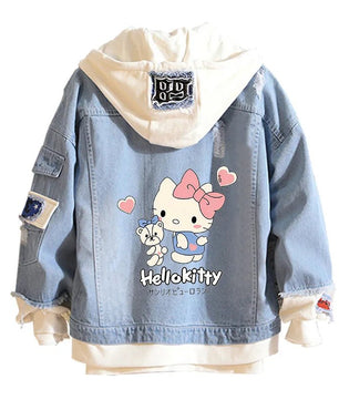 Hello Kitty Jacket Hooded Jeans Sweatshirt Unisex Ripped Hole Cosplay Denim Jacket - Lusy Store LLC