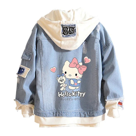 Hello Kitty Jacket Hooded Jeans Sweatshirt Unisex Ripped Hole Cosplay Denim Jacket - Lusy Store LLC