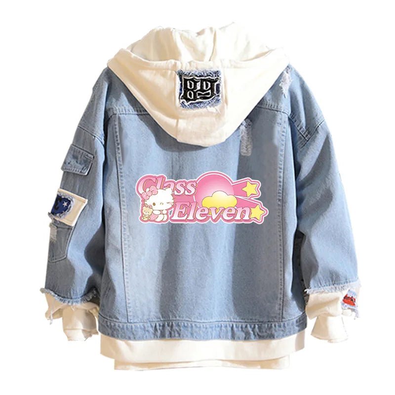 Hello Kitty Jacket Hooded Jeans Sweatshirt Unisex Ripped Hole Cosplay Denim Jacket - Lusy Store LLC