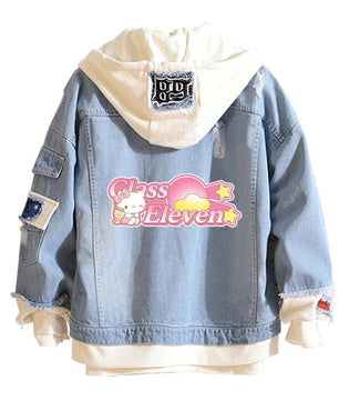 Hello Kitty Jacket Hooded Jeans Sweatshirt Unisex Ripped Hole Cosplay Denim Jacket - Lusy Store LLC