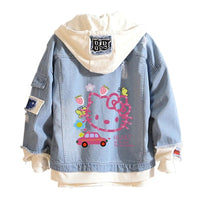 Hello Kitty Jacket Hooded Jeans Sweatshirt Unisex Ripped Hole Cosplay Denim Jacket - Lusy Store LLC