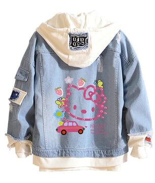 Hello Kitty Jacket Hooded Jeans Sweatshirt Unisex Ripped Hole Cosplay Denim Jacket - Lusy Store LLC