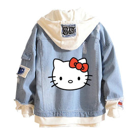 Hello Kitty Jacket Hooded Jeans Sweatshirt Unisex Ripped Hole Cosplay Denim Jacket - Lusy Store LLC