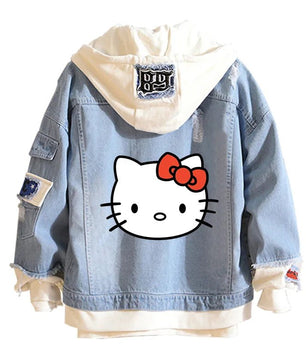 Hello Kitty Jacket Hooded Jeans Sweatshirt Unisex Ripped Hole Cosplay Denim Jacket - Lusy Store LLC