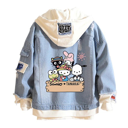 Hello Kitty Jacket Hooded Jeans Sweatshirt Unisex Ripped Hole Cosplay Denim Jacket - Lusy Store LLC