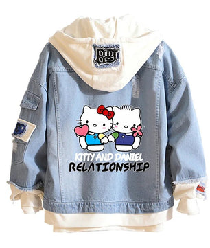 Hello Kitty Jacket Hooded Jeans Sweatshirt Unisex Ripped Hole Cosplay Denim Jacket - Lusy Store LLC