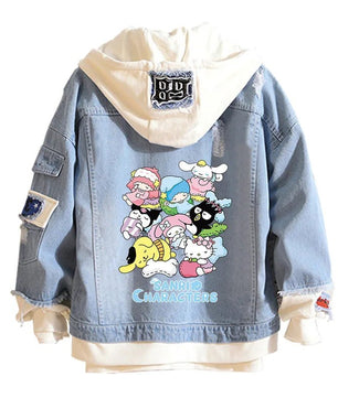 Hello Kitty Jacket Hooded Jeans Sweatshirt Unisex Ripped Hole Cosplay Denim Jacket - Lusy Store LLC