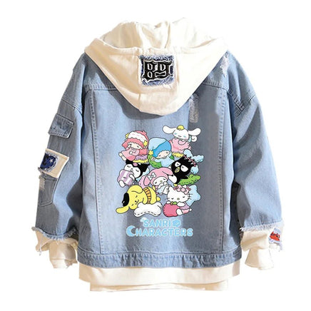 Hello Kitty Jacket Hooded Jeans Sweatshirt Unisex Ripped Hole Cosplay Denim Jacket - Lusy Store LLC