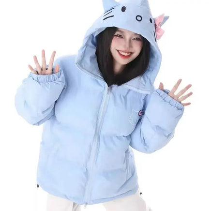Hello Kitty Padded Cotton Clothes Thickened Warm Loose Coat for Women Girls Blue