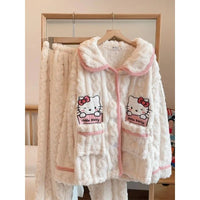 Hello Kitty Pajama Anime Coral Velvet Female Sweet Plus Velvet Thicken Keep Warm Loungewear Set