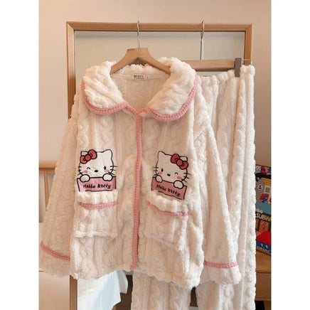 Hello Kitty Pajama Anime Coral Velvet Female Sweet Plus Velvet Thicken Keep Warm Loungewear Set - Lusy Store LLC