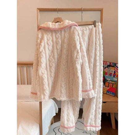 Hello Kitty Pajama Anime Coral Velvet Female Sweet Plus Velvet Thicken Keep Warm Loungewear Set