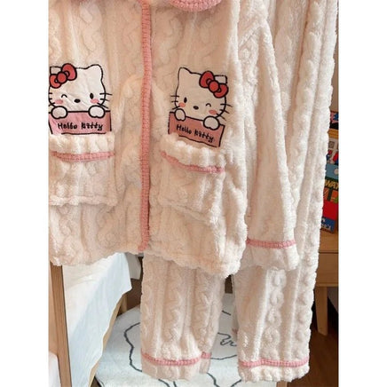 Hello Kitty Pajama Anime Coral Velvet Female Sweet Plus Velvet Thicken Keep Warm Loungewear Set - Lusy Store LLC