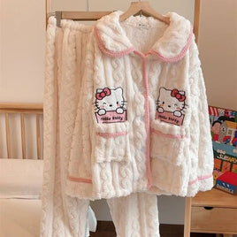 Hello Kitty Pajama Anime Coral Velvet Female Sweet Plus Velvet Thicken Keep Warm Loungewear Set - Lusy Store LLC