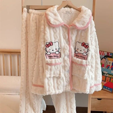 Hello Kitty Pajama Anime Coral Velvet Female Sweet Plus Velvet Thicken Keep Warm Loungewear Set