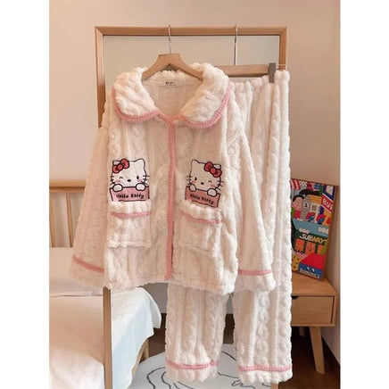 Hello Kitty Pajama Anime Coral Velvet Female Sweet Plus Velvet Thicken Keep Warm Loungewear Set - Lusy Store LLC