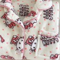 Hello Kitty Pajamas Kawaii Sanrio Anime Girls Coral Velvet Thickened Lapel Cardigan Warm Home Clothes Dormitory