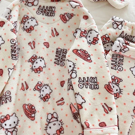 Hello Kitty Pajamas Kawaii Sanrio Anime Girls Coral Velvet Thickened Lapel Cardigan Warm Home Clothes Dormitory