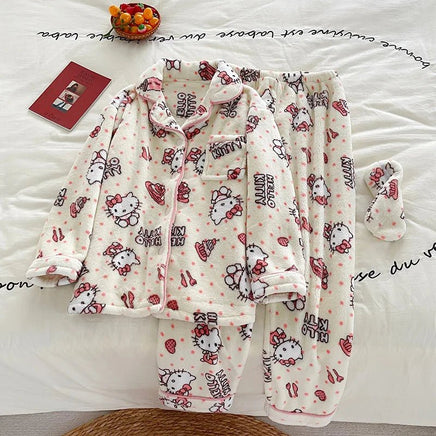 Hello Kitty Pajamas Kawaii Sanrio Anime Girls Coral Velvet Thickened Lapel Cardigan Warm Home Clothes Dormitory Hello Kitty