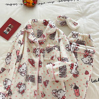 Hello Kitty Pajamas Kawaii Sanrio Anime Girls Coral Velvet Thickened Lapel Cardigan Warm Home Clothes Dormitory