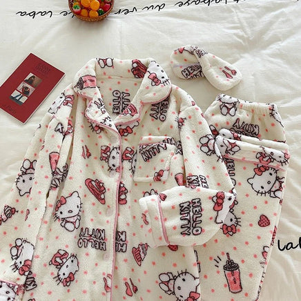 Hello Kitty Pajamas Kawaii Sanrio Anime Girls Coral Velvet Thickened Lapel Cardigan Warm Home Clothes Dormitory