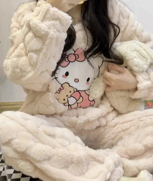 Hello Kitty Pajamas Sanrio Anime Female Thickening Coral Fleece Outerwear Warm Suit - Lusy Store LLC