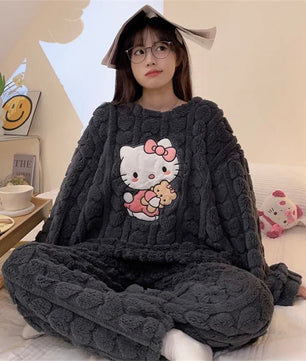 Hello Kitty Pajamas Sanrio Anime Female Thickening Coral Fleece Outerwear Warm Suit - Lusy Store LLC