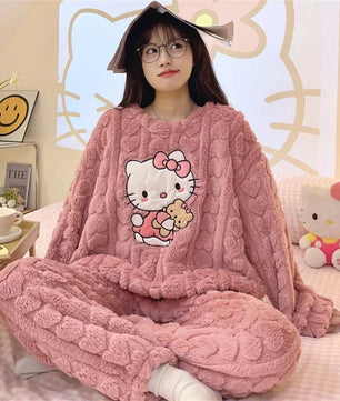 Hello Kitty Pajamas Sanrio Anime Female Thickening Coral Fleece Outerwear Warm Suit - Lusy Store LLC