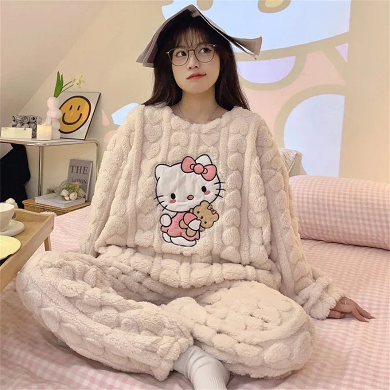 Hello Kitty Pajamas Sanrio Anime Female Thickening Coral Fleece Outerw