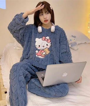Hello Kitty Pajamas Sanrio Anime Female Thickening Coral Fleece Outerwear Warm Suit - Lusy Store LLC